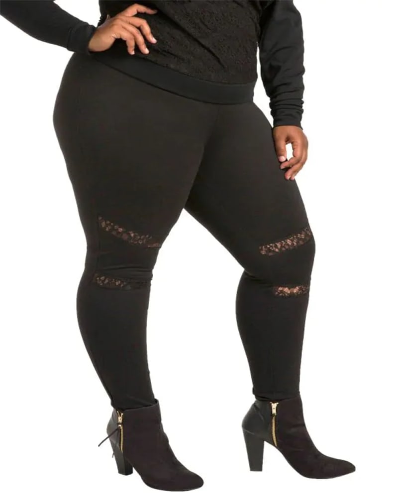 Front of a model wearing a size L Peekaboo Lace Ponte Legging in Black by Poetic Justice. | dia_product_style_image_id:274464